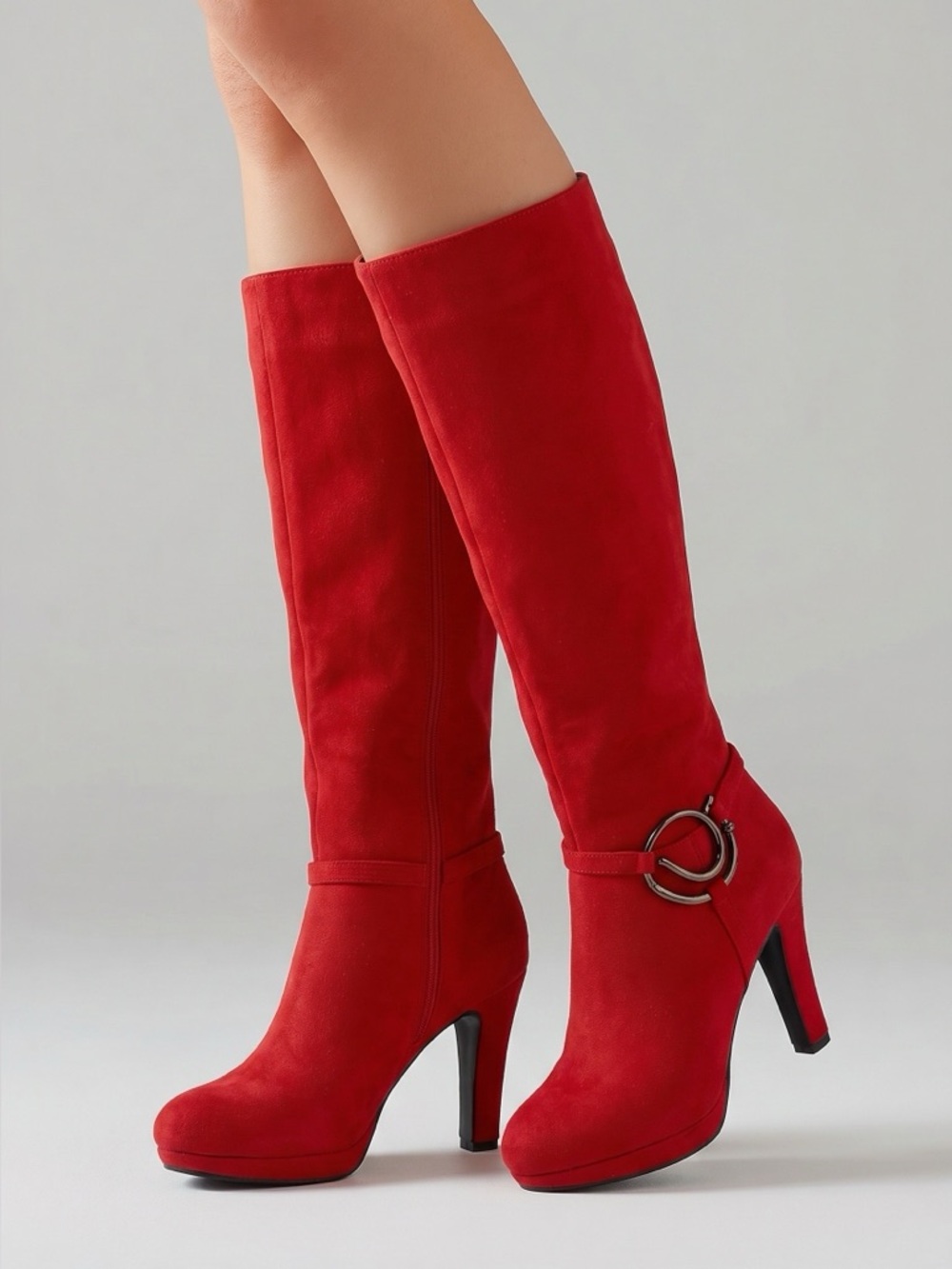 Red Impo Stretch Knee-High Faux Suede Platform Heel Boots